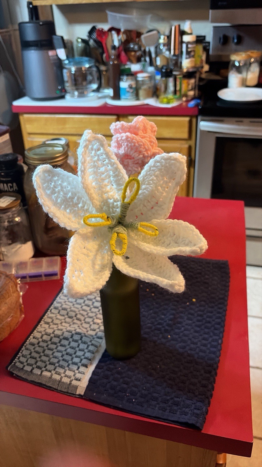 artificial handmade crochet lily flower stem, yarn, white/yellow/pink/green