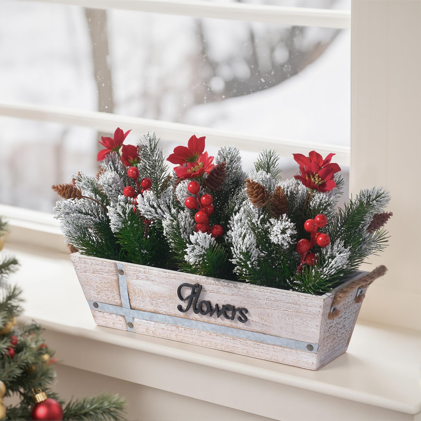 Artificial Christmas Centerpiece with Snowy Norfolk Pine Garland, Poinsettias…
