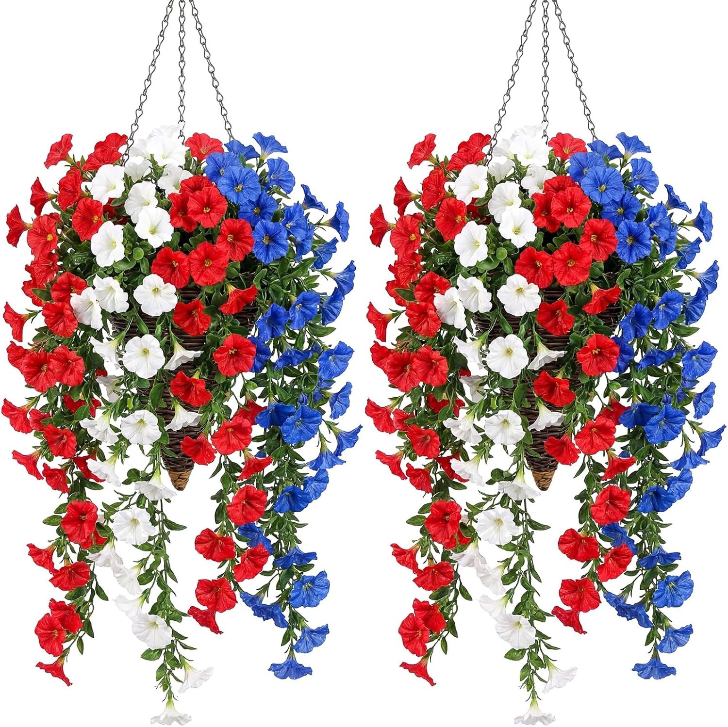 12 Pcs Red White Blue Artificial Hanging Flowers Outdoor with 2 Baskets 250th