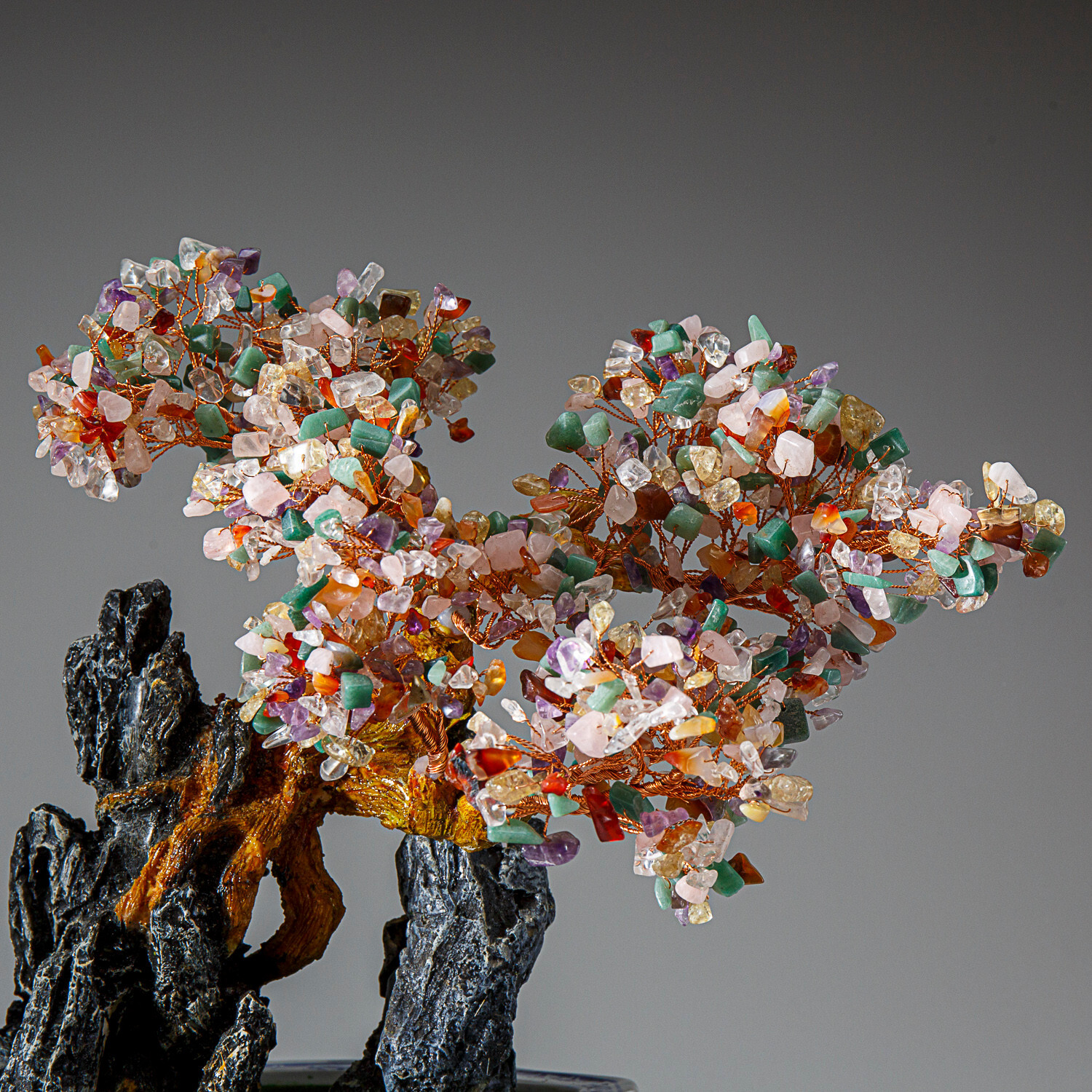 Genuine Multi Gemstone Bonsai Tree in Oval Ceramic Pot (13”)