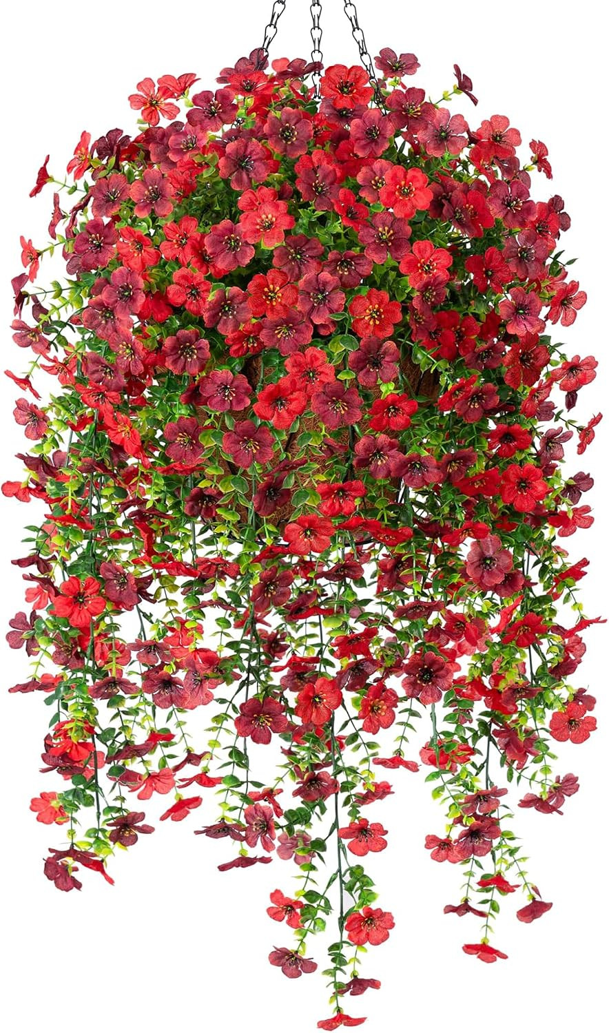UV Resistant Faux Hanging Flower Basket – Red Brown Daisy & Eucalyptus Decor