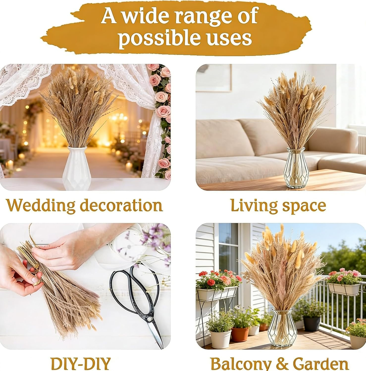 100 Pcs Pampas Grass Boho Decor, 17″ Dried Flowers Bouquet for Vase, Crafts, Boh