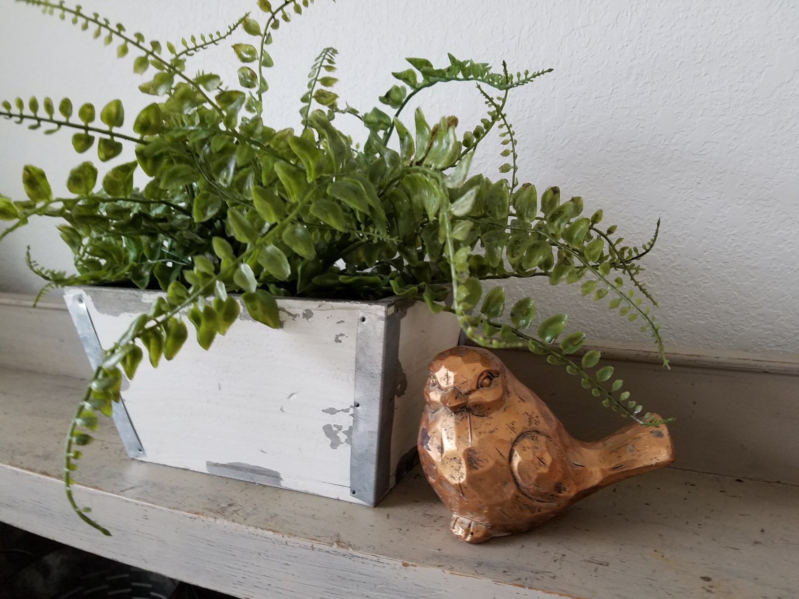 White Wood planter box, faux fern, home decor, Distressed Wood Planter