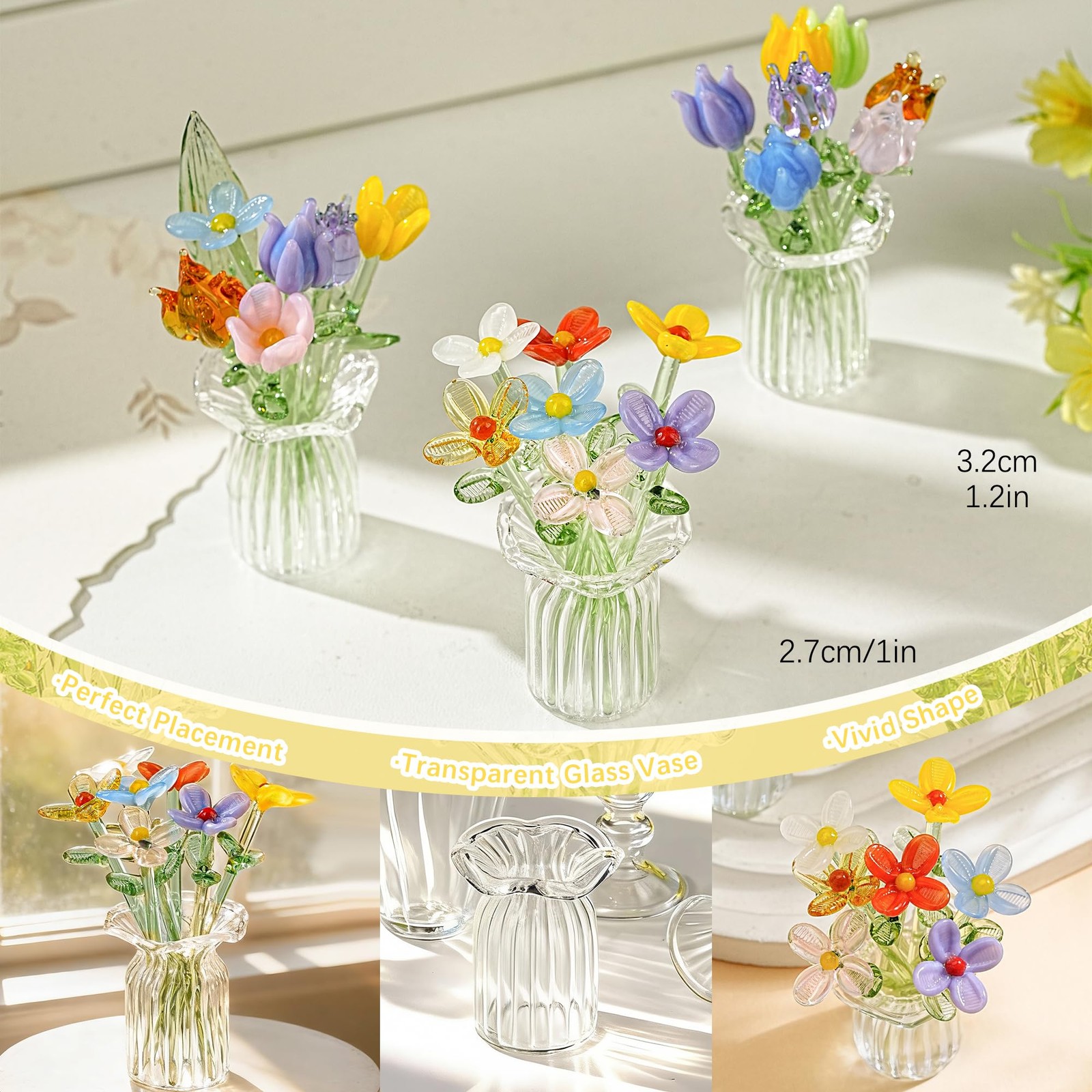 7 Pcs Blown Glass Flower Bouquet with Vase Mini Crystal Artificial Flowers fo…