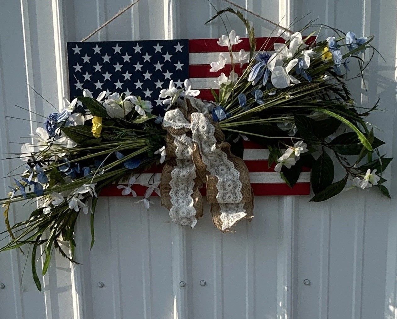 Patriotic American Flag Floral Swag Door/Wall Decor, Burlap Lace Bow
