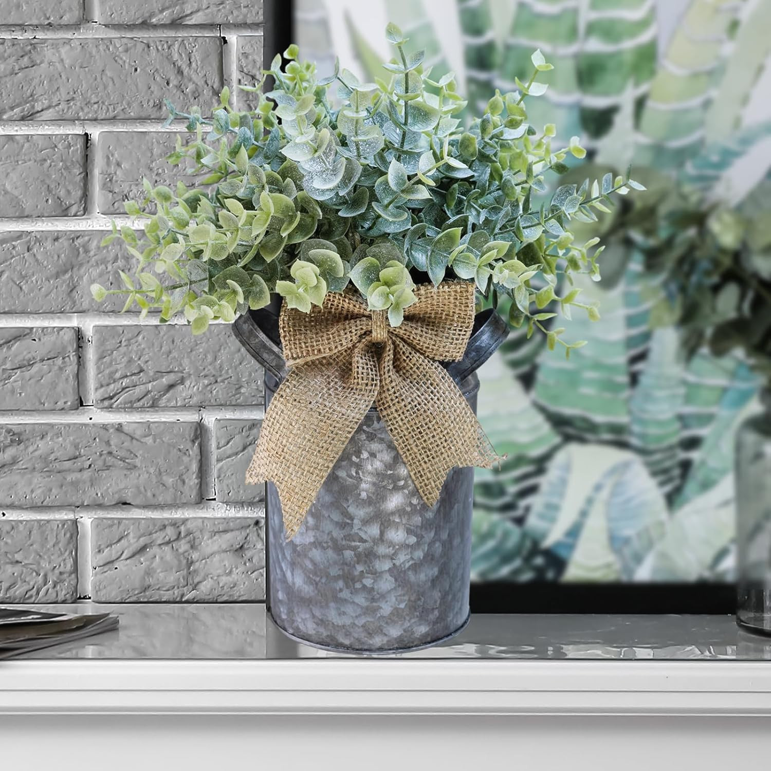 Set of 1 Farmhouse Faux Eucalyptus Arrangement Centerpiece Rustic Galvanized Met