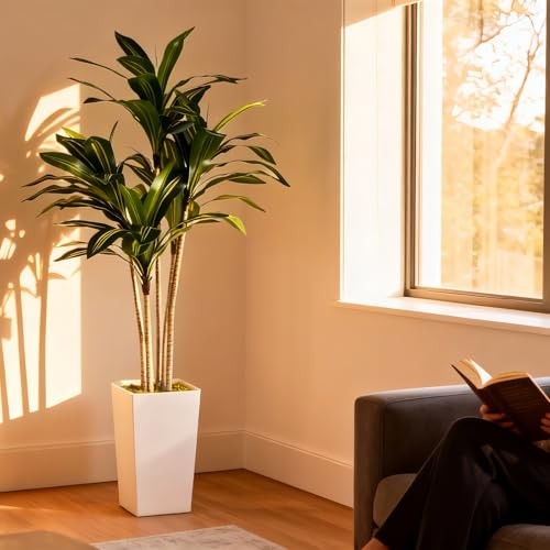 Artificial Dracaena Tree 5FT with White Tall Planter – Faux Tree Dracaena 5ft