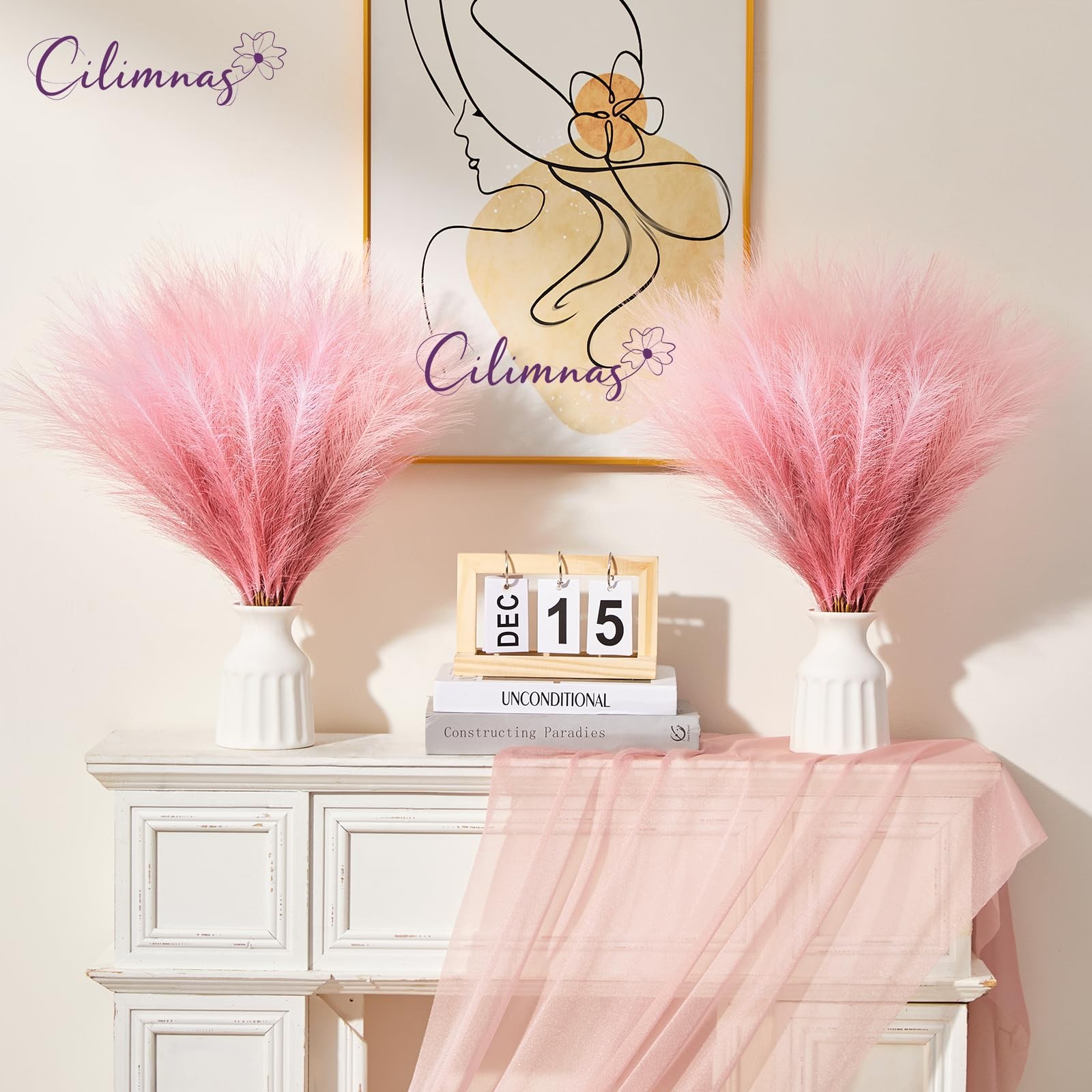 50 PCS Faux Pampas Grass 17.7 Inch Artificial Fluffy Fake Decor Gradient Pink