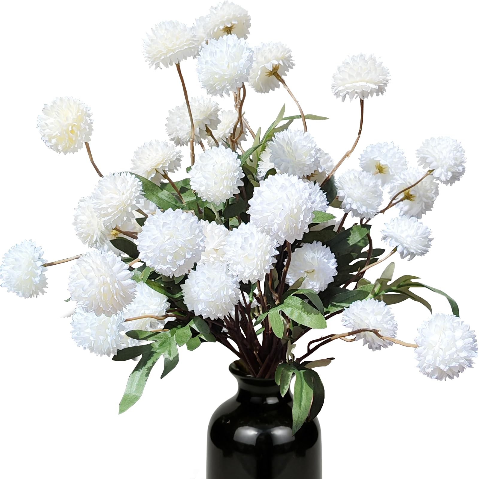 8 Pcs Artificial Flowers White Beige Faux Silk Pompon Mums, 20″ Long Stem Fak…