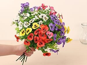 20 Bundles Artificial Fake Pansy Flowers for Outdoor | Yellow, White, Purple,