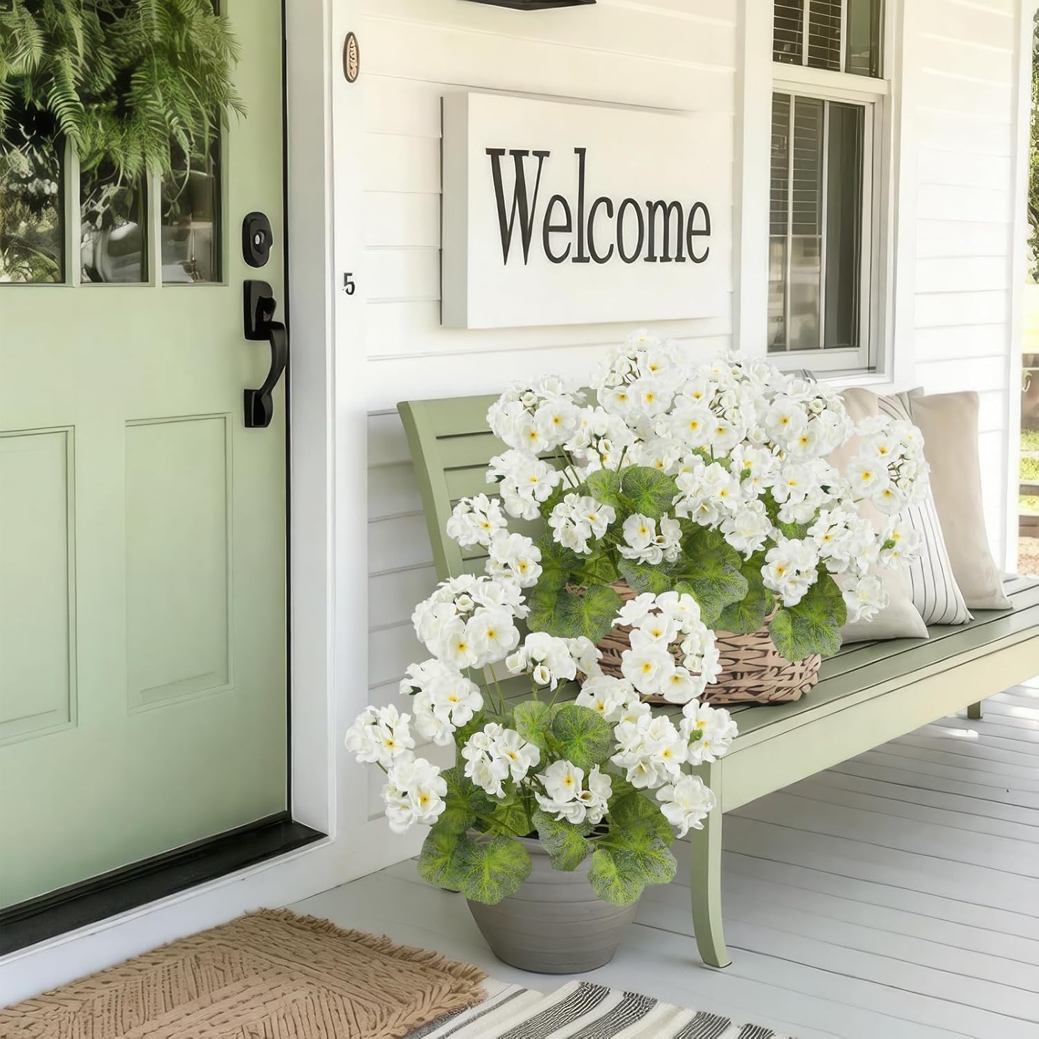 2 Pcs Artificial Geraniums for Outdoors 23” Faux Flowers White Silk Geraniums