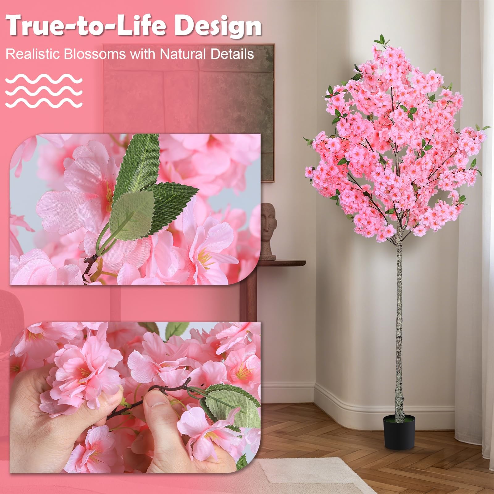 6FT Artificial Cherry Blossom Tree with Pot, Faux Pink Sakura Tree with Adjus…