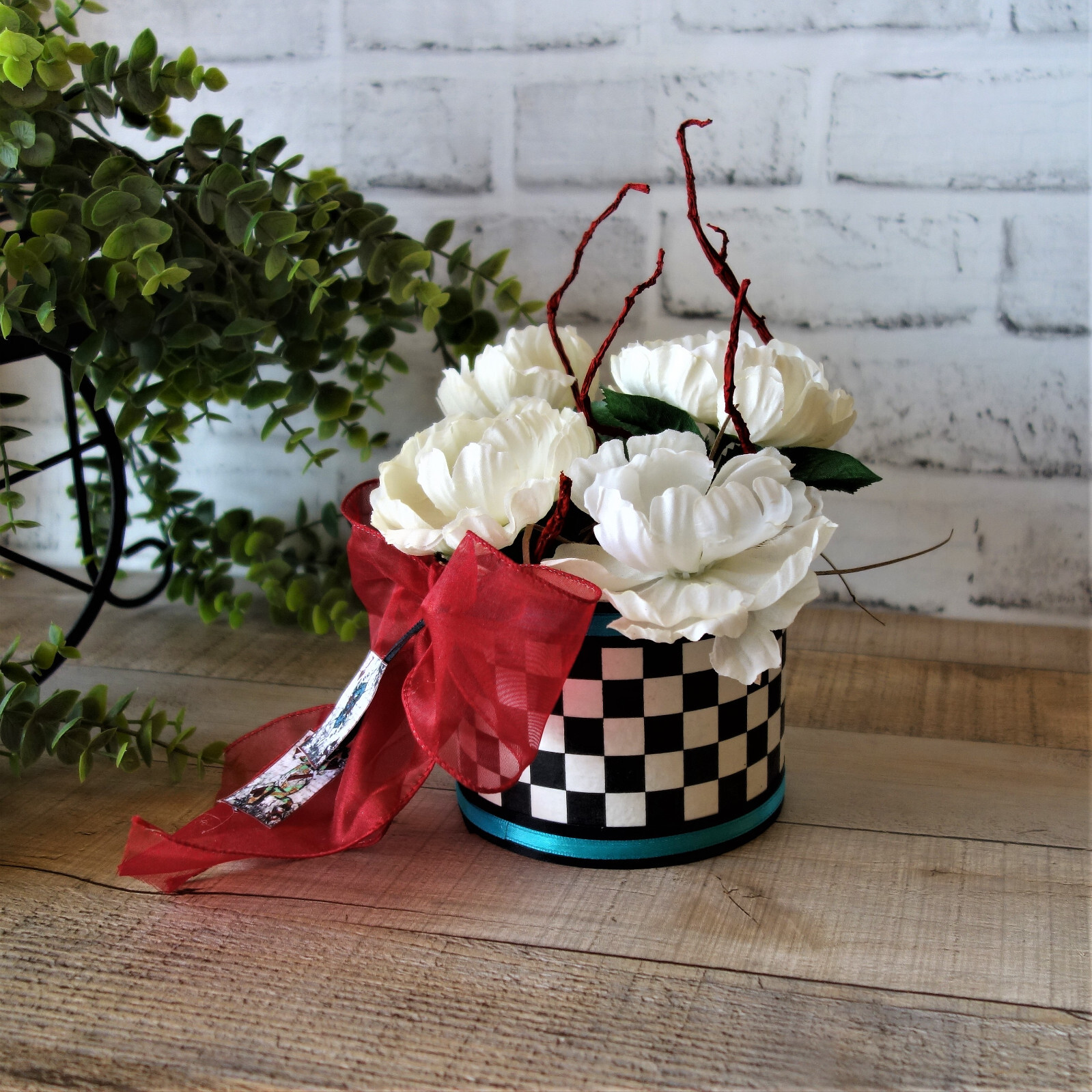 Whimsical Checks Floral Arrangement Handmade Checkered Decor Checkerboard Decor