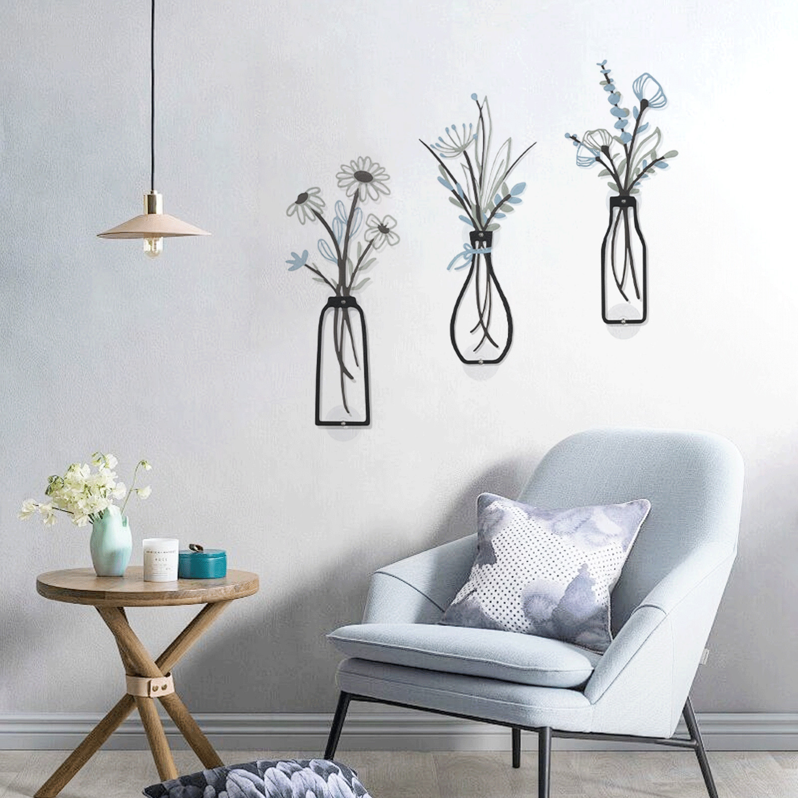 3 Pieces Metal Flowers Wall Arts – Rustic Decor Minimalist Flower Wall Decors