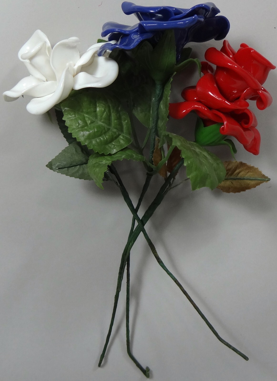 Vtg Melted Plastic Flowers Red White Blue Roses Artificial Stem Leaves 10in Cool