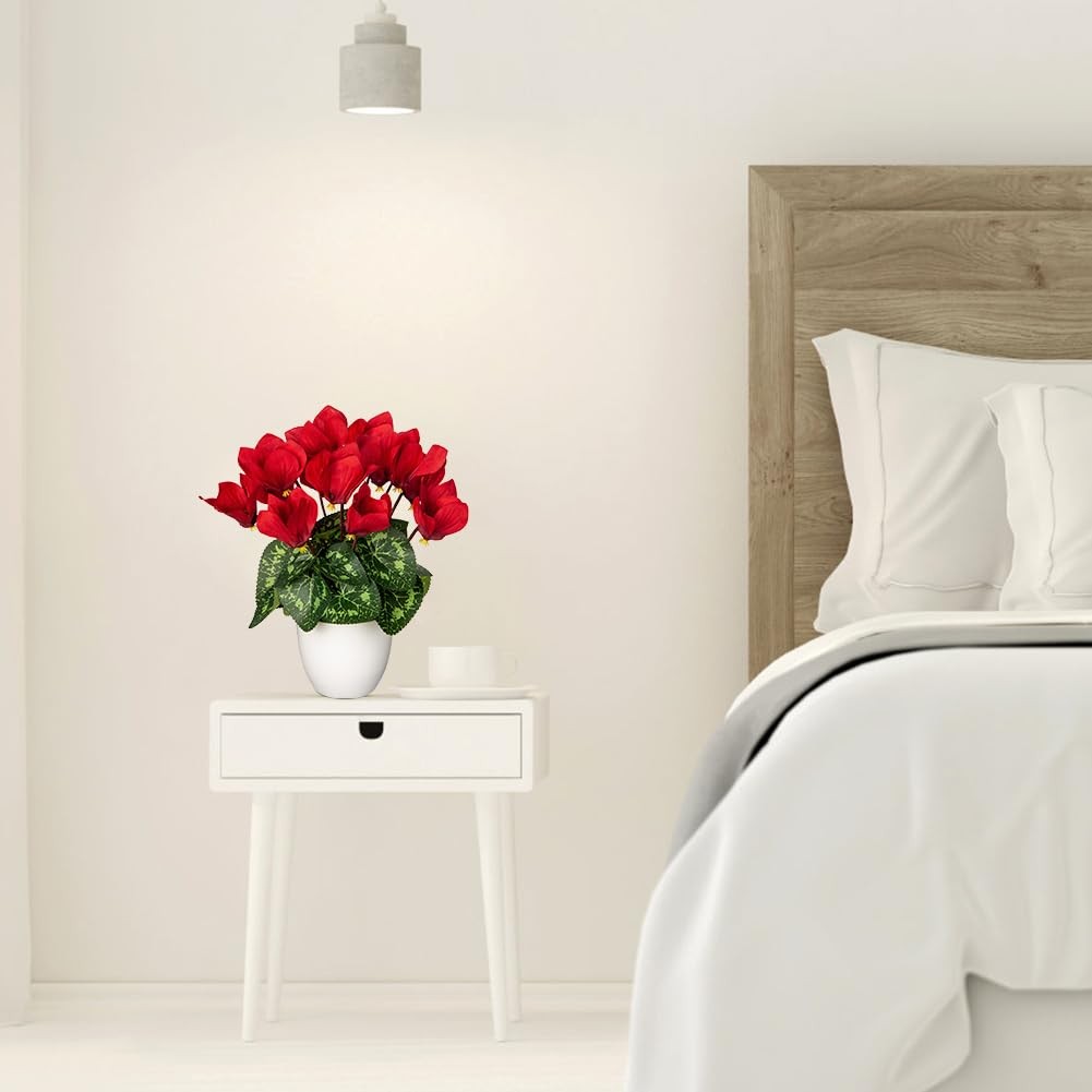 Artificial Red Cyclamen Flowers White Pot Silk Floral Arrangement Decor