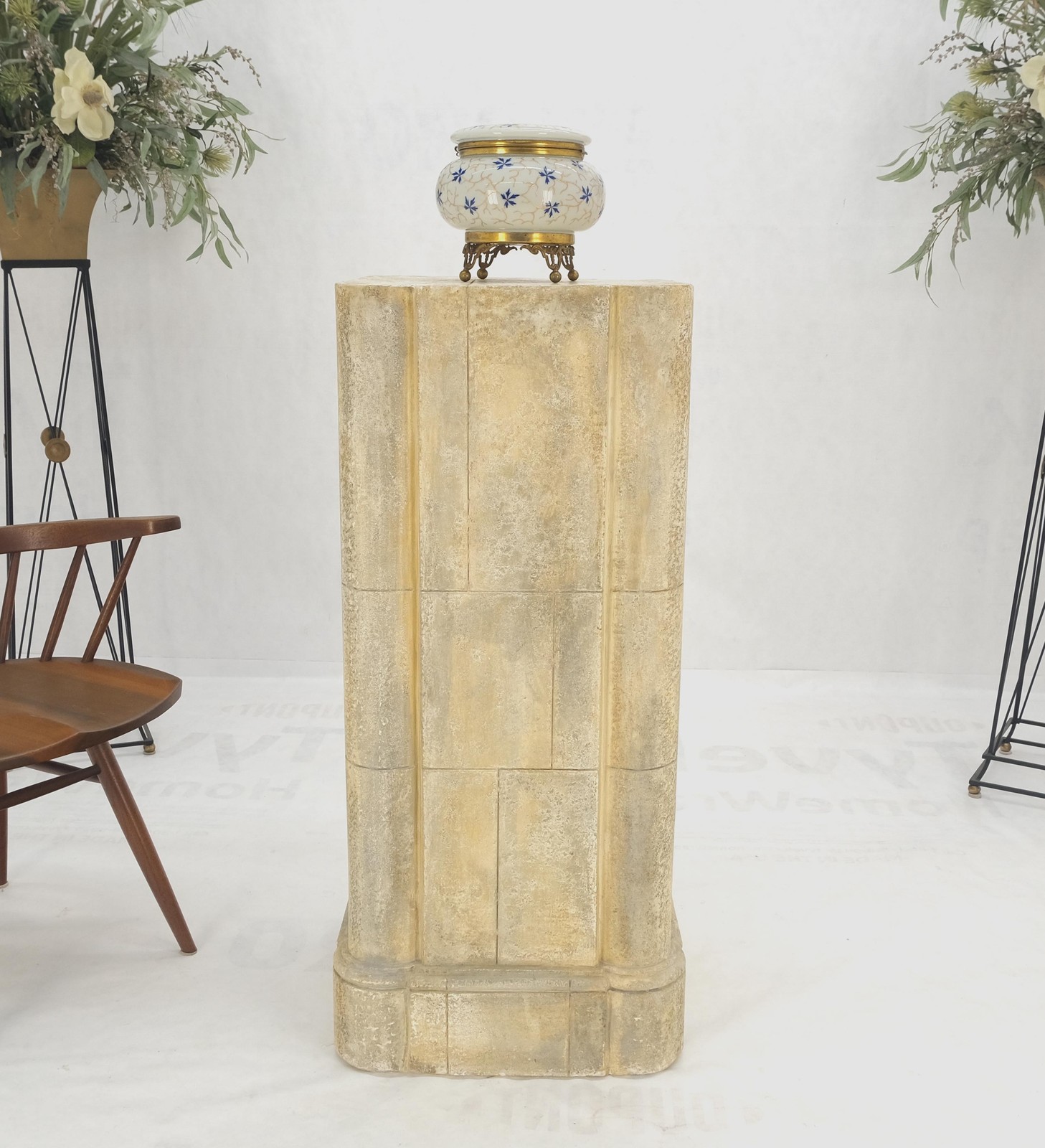 large 19×19 Square Faux Travertine 41″ Tall Carved Geometric Decorative Pattern