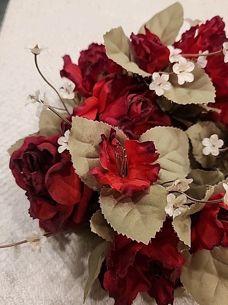 Vintage Artificial Flower Candle Ring Wreath ~ Red Roses Multi & White Flowers