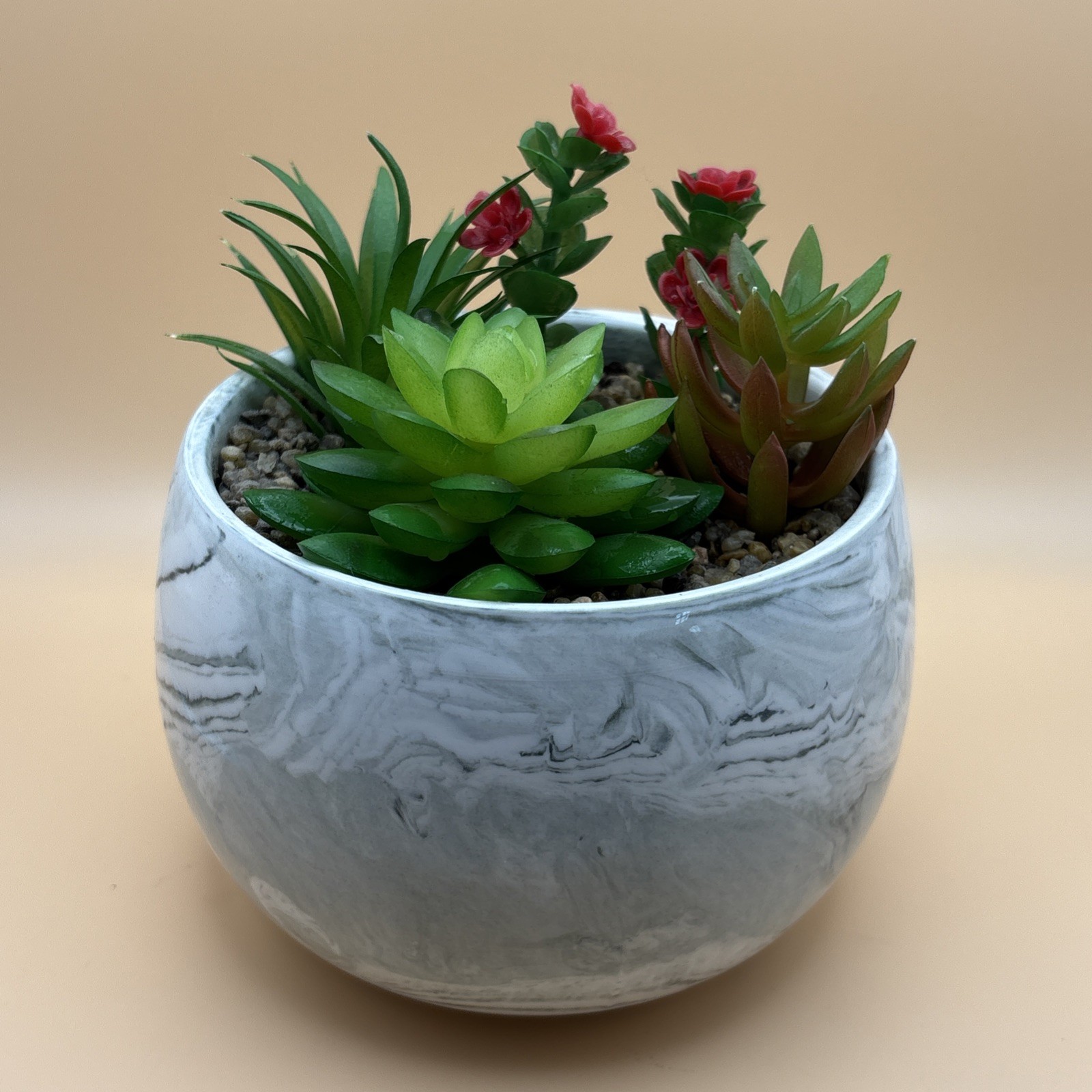 Faux Succulents In Heavy Pot White & Gray Pot Red Flowers