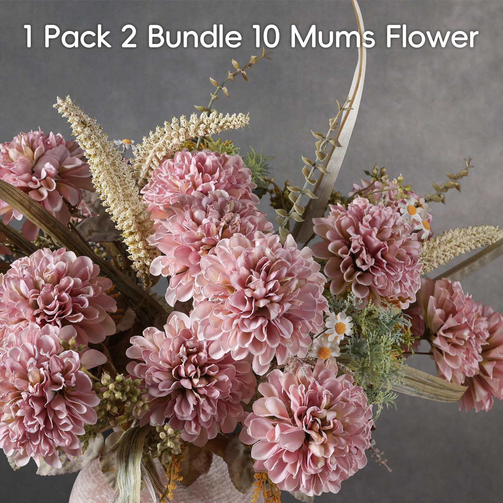 10 Heads Artificial Flowers Mums Indoor for Vase, Large Silk Faux Chrysanthem…