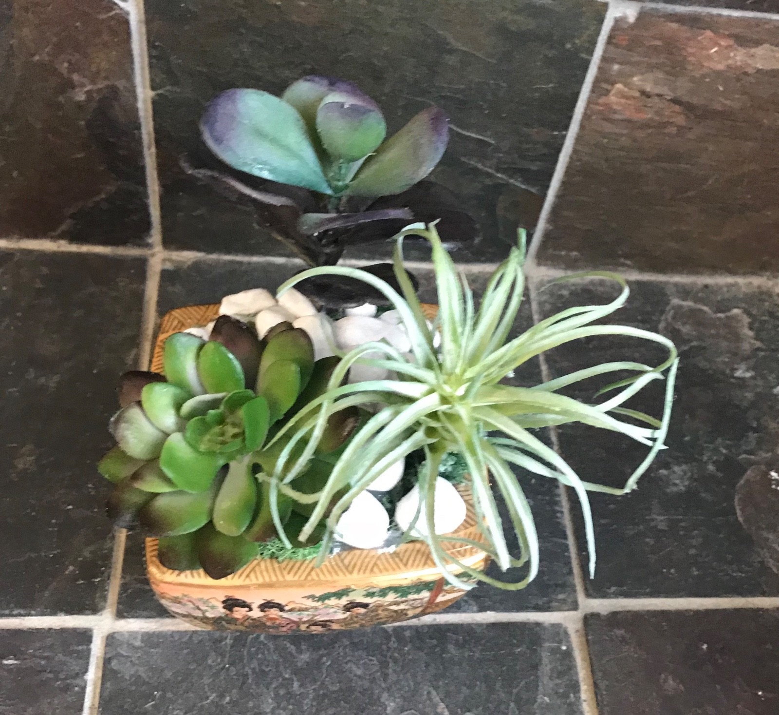 Artificial Green Grass Succulent Planter in a Satsuma Bowl with Geishas