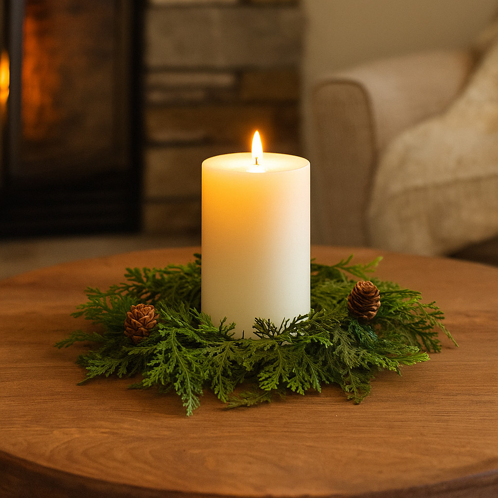 Cedar and Pinecone Candle Ring / Wreath 4″ Inner Diameter Christmas Winter