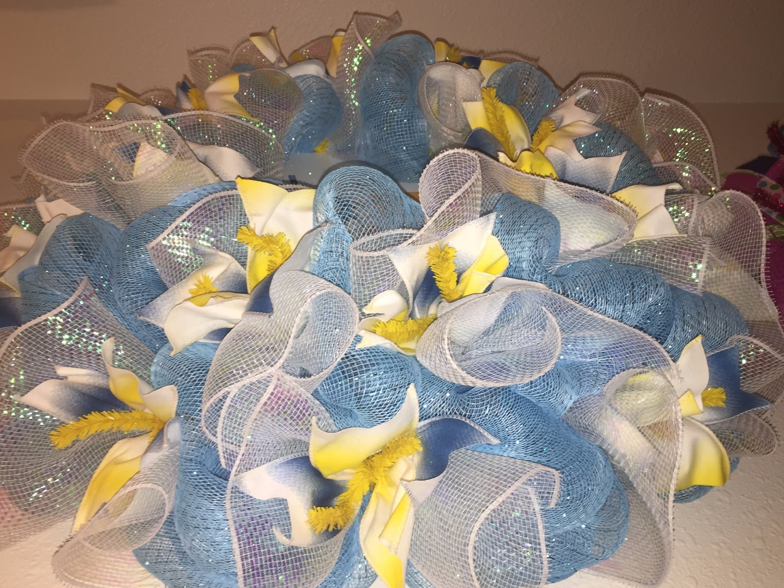 NEW Handmade Kazakhstan Wreath Kazak Russia Mesh Ribbon Blue Yellow Door WhIte