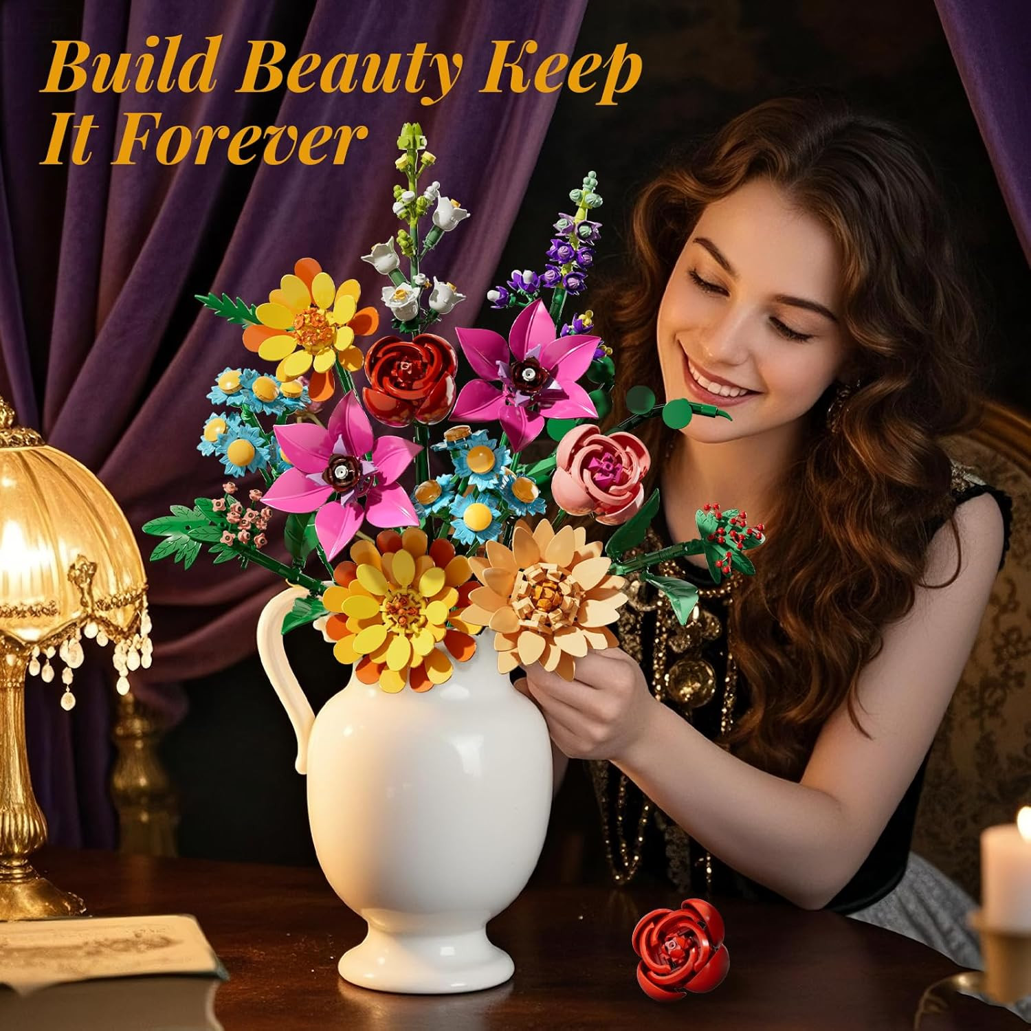 Flowers Bouquet Building Set,891Pcs Artificial Plant Flower Kit Toy for Kids, Ar