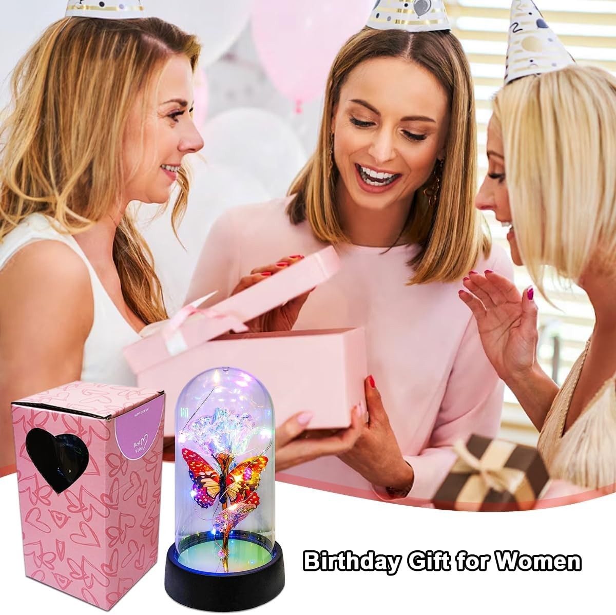 Butterfly Rose Flower Eternal LED Light Glass Dome Decor Mom Wife Birthday Gift