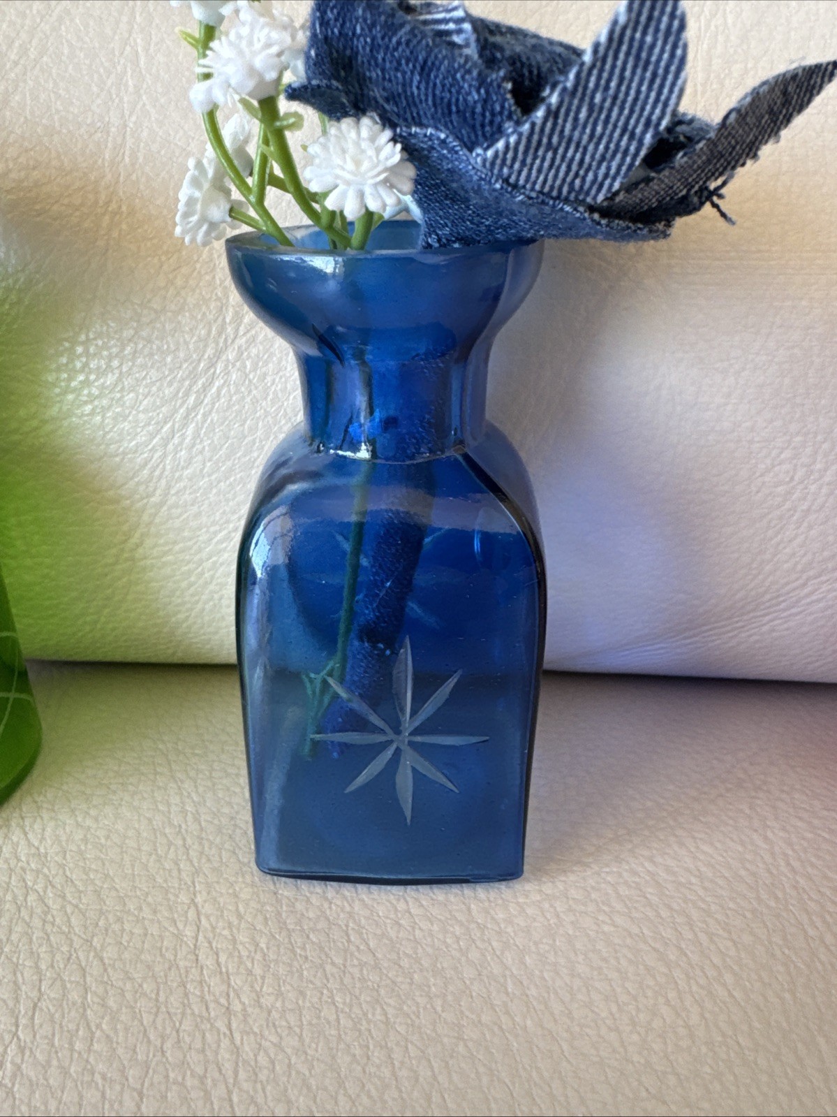 Five Small Upcycled 3 1/2” Vases With Coordinating Colors Handmade Denim Roses