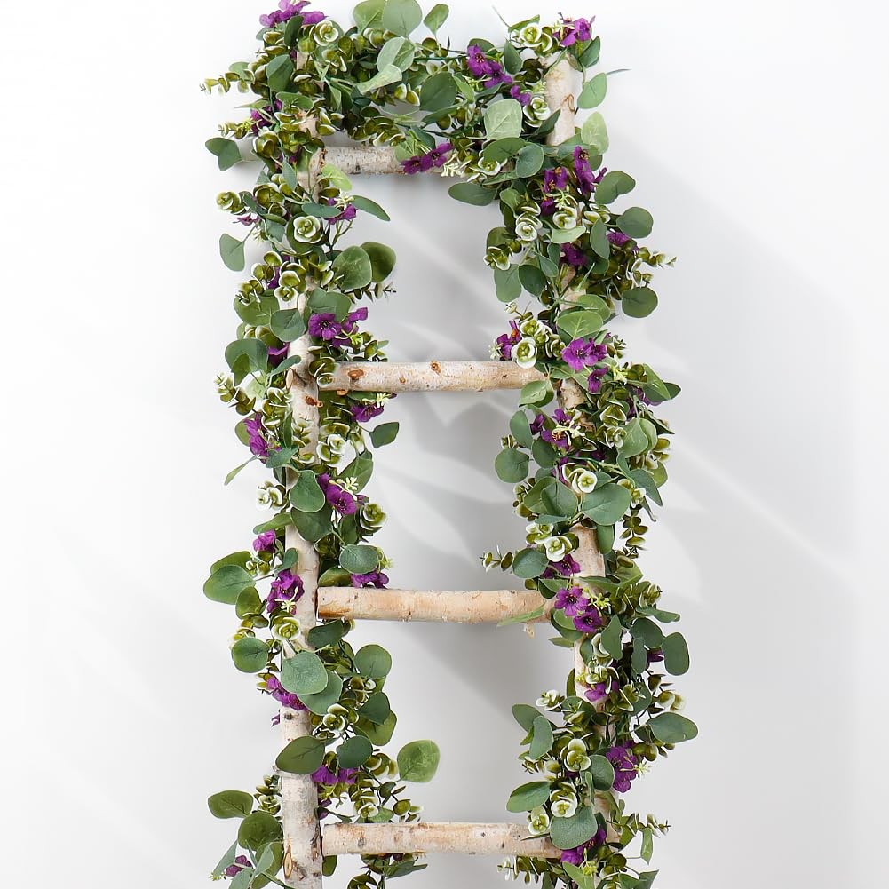 2Pack Eucalyptus Flower Garland with Violet 5.9Ft Artificial Ivy Greenery Han…