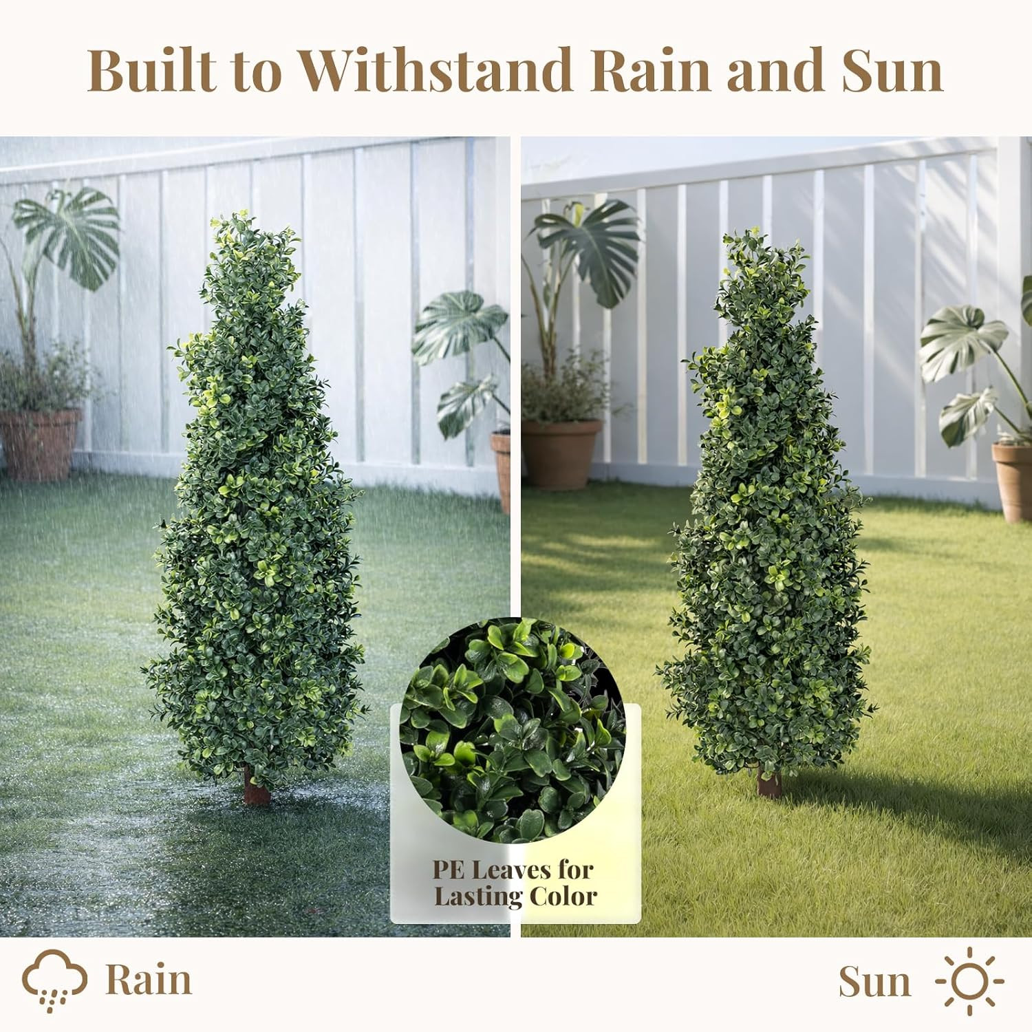 2 Pack Artificial Boxwood Topiary Trees with Ground Spike, 2 FT Faux Boxwood Top