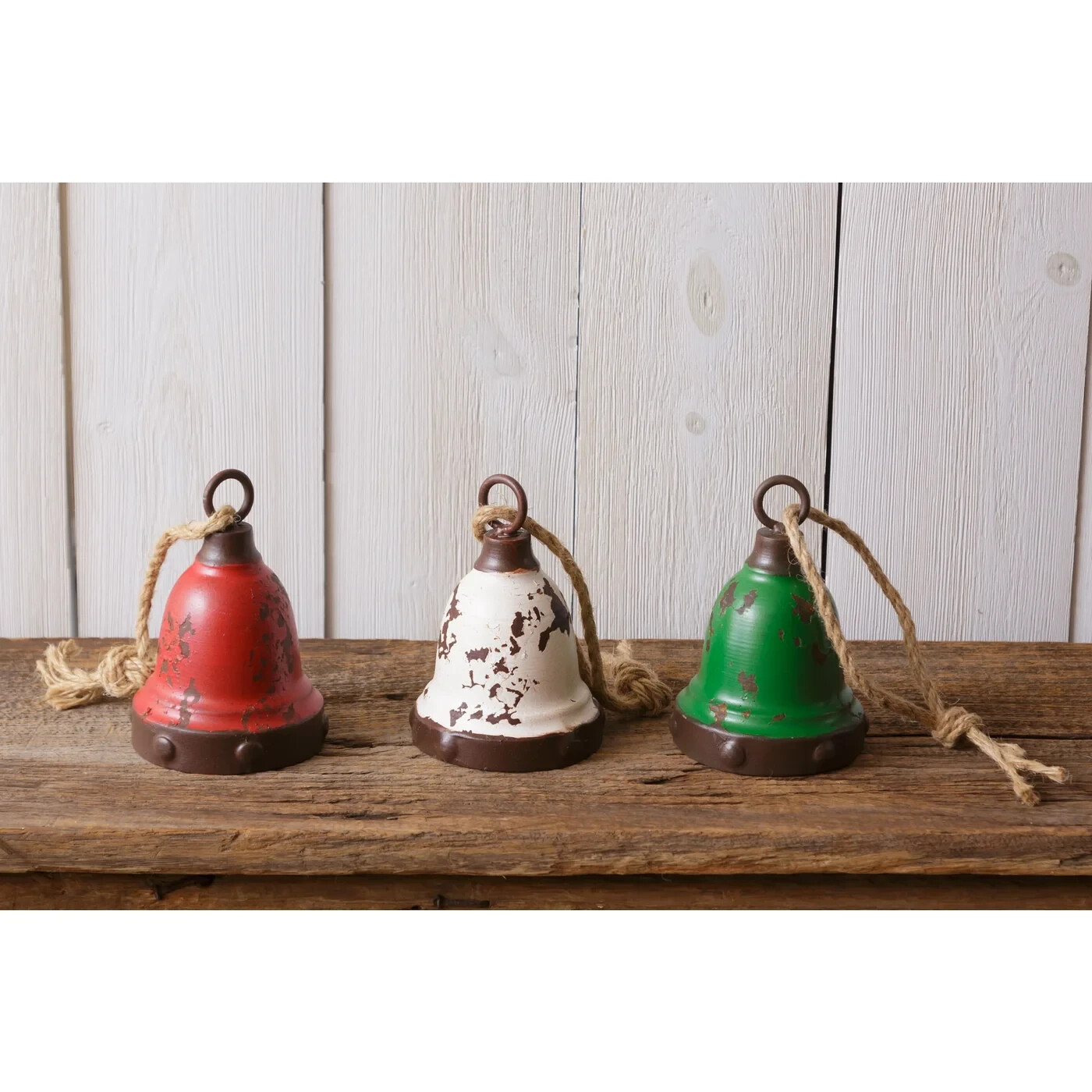 New Primitive Christmas AGED RED GREEN WHITE RUSTY BELL Ornament Hanging 5″