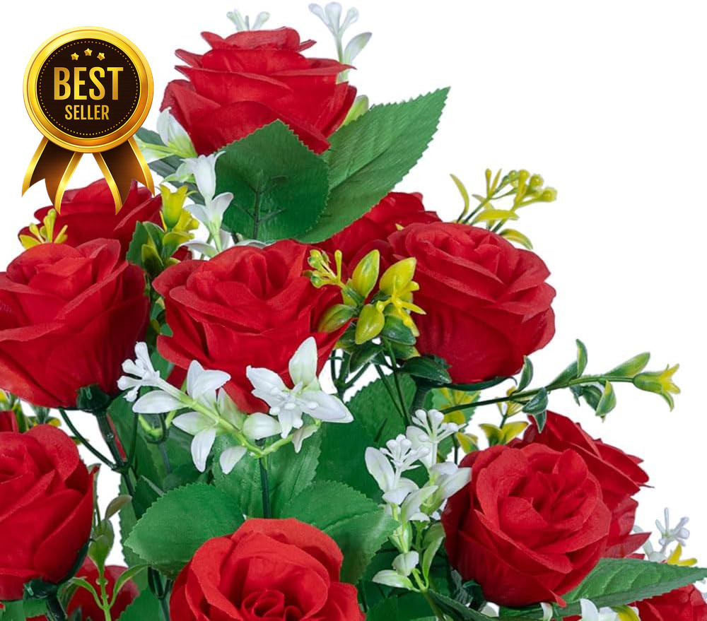 2 Sets Artificial Cemetery Flowers Grave Decorations Roses with Nail Vases Red