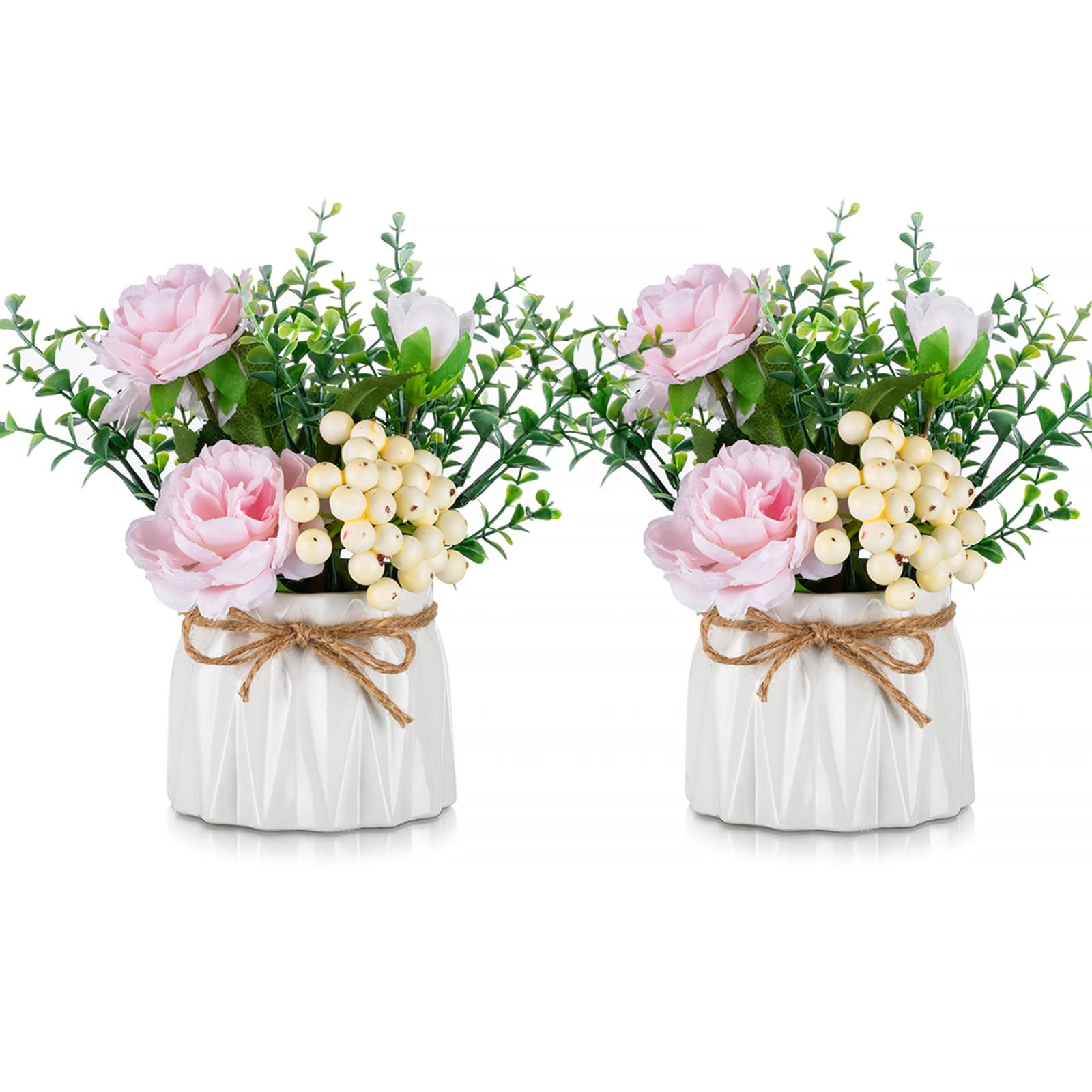 2 PCS 7 Inch Pink Silk Roses Artificial Flower Arrangement In Vase Decor