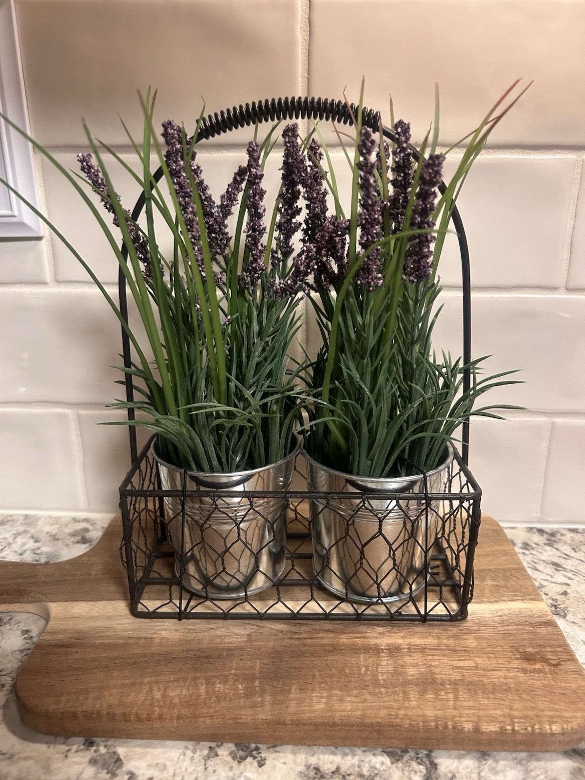 Faux Lavender & Greenery Arrangement, 2 Metal Pots in Black Wire Basket