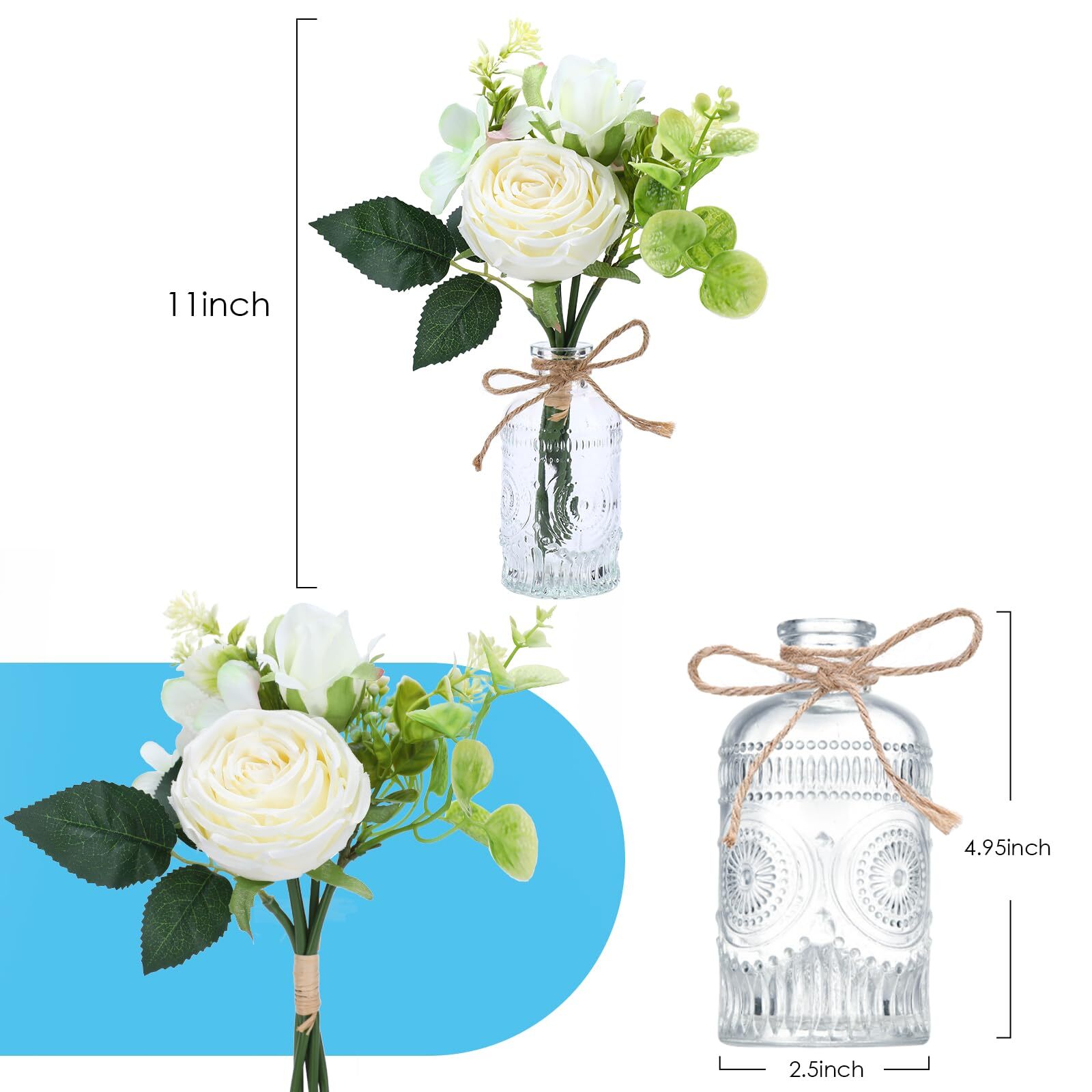 White Silk Flower Arrangements Rose Bouquet in Small Vase Table Centerpiece