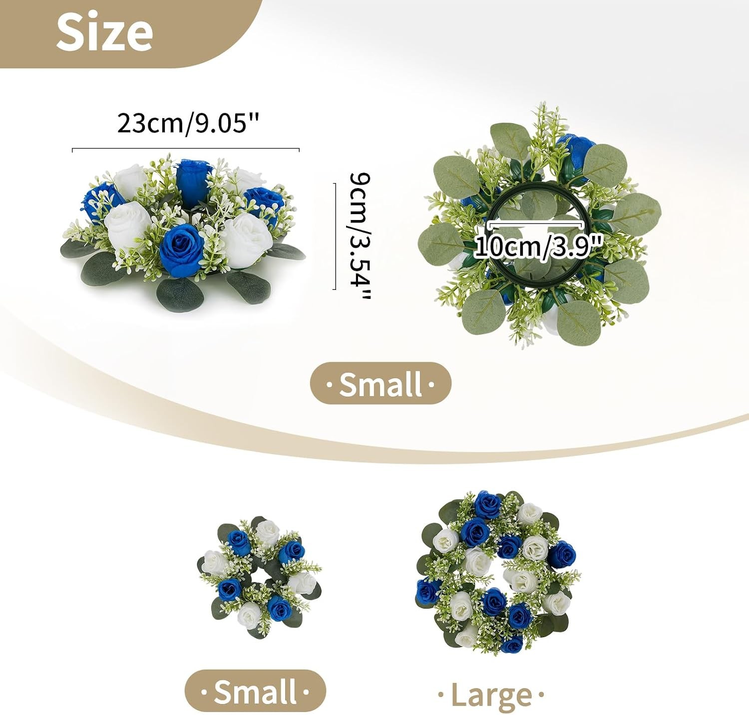 Small Wreath Table Centerpieces 9.05 Inch Royal Blue & White Flower Candle Rings