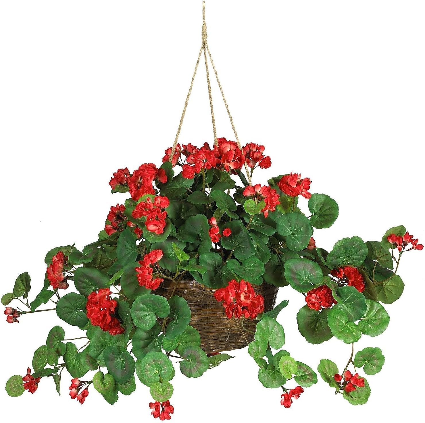 Nearly Natural 24in Artificial Geranium Hanging Basket Faux Floral Plant for Ind