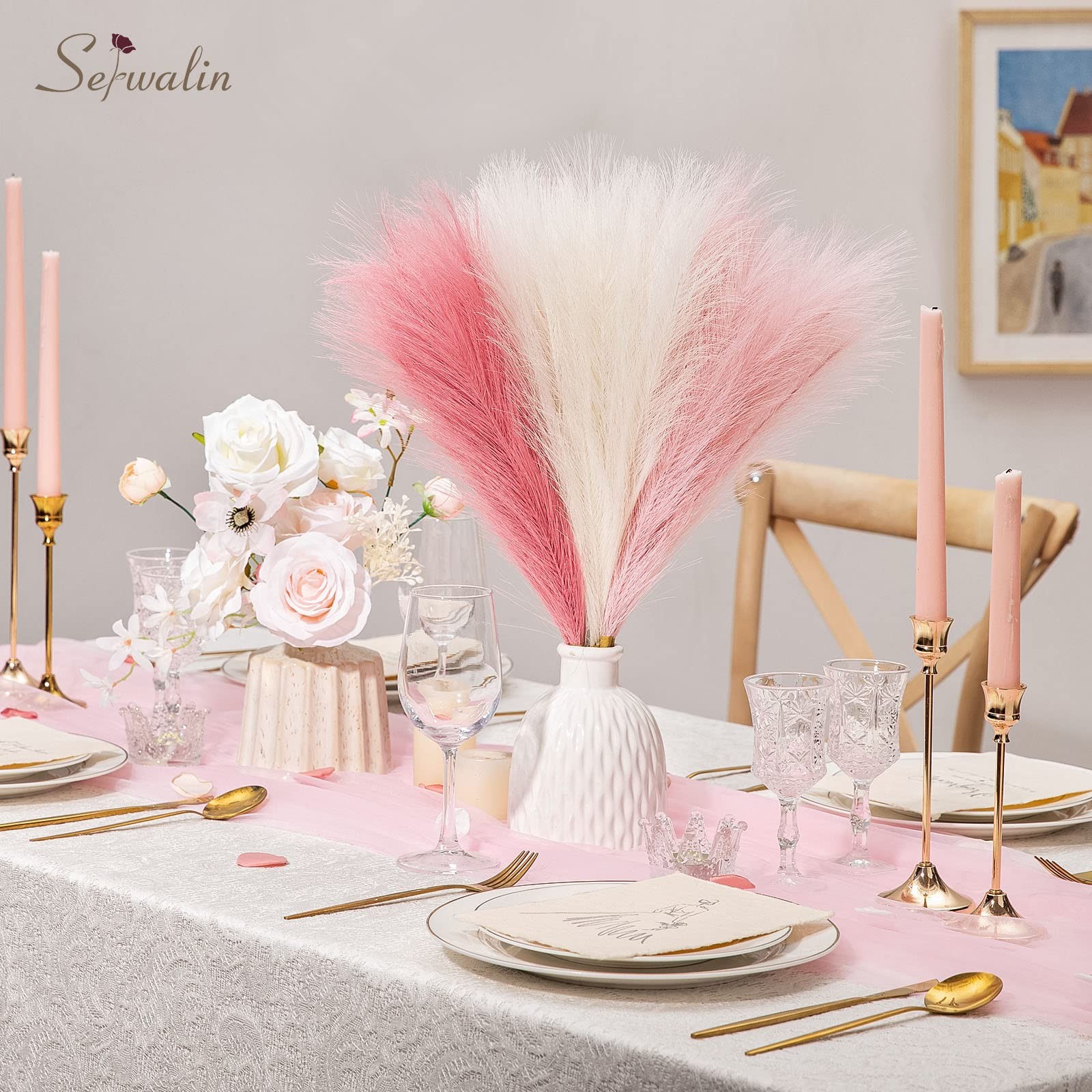 12pcs Pink Pampas Grass 17.7 Inch Faux Pampas Grass Decor Artificial Pampas Gras