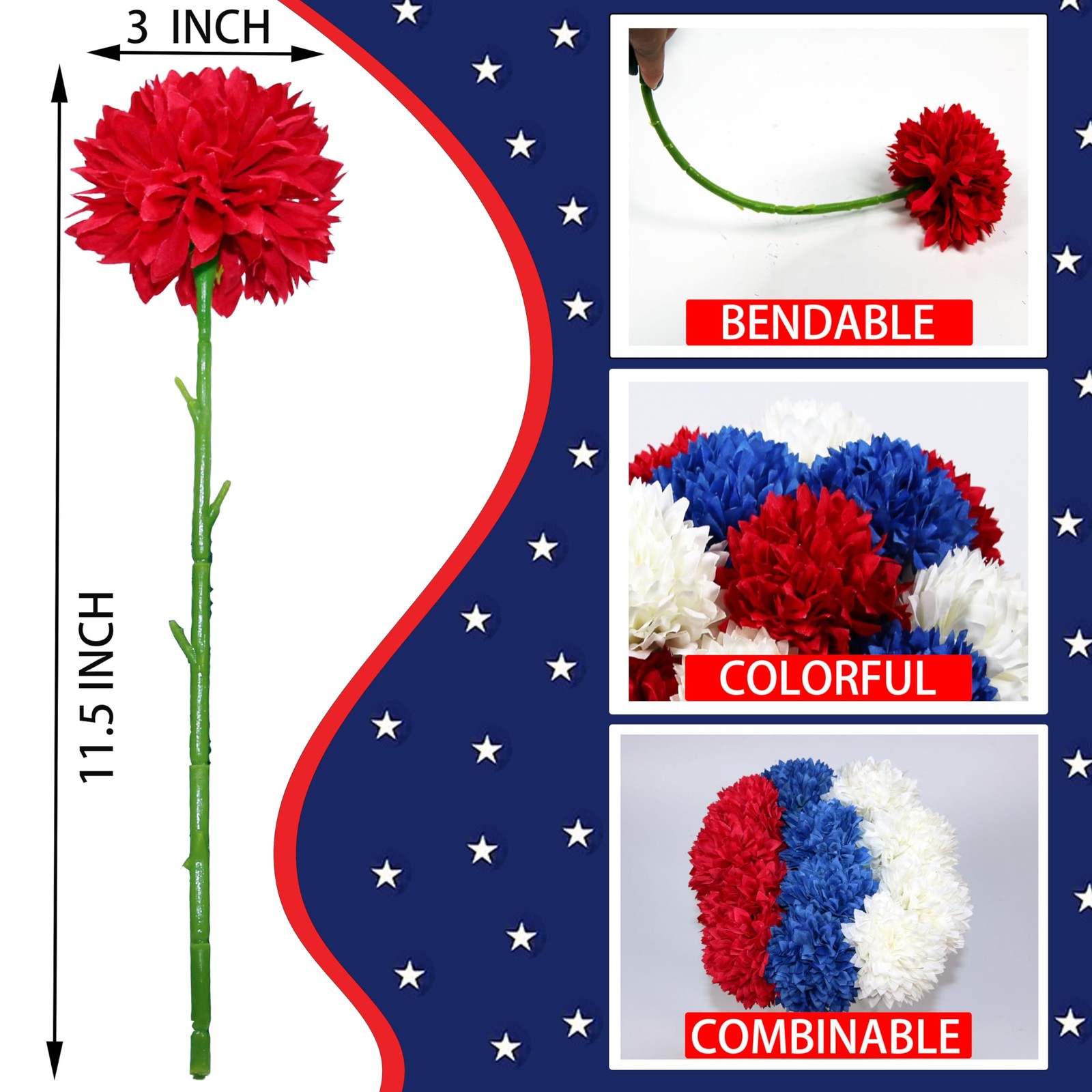 12 pcs Artificial Flower Patriotic Memorial Bouquet Red White and Blue Faux B…