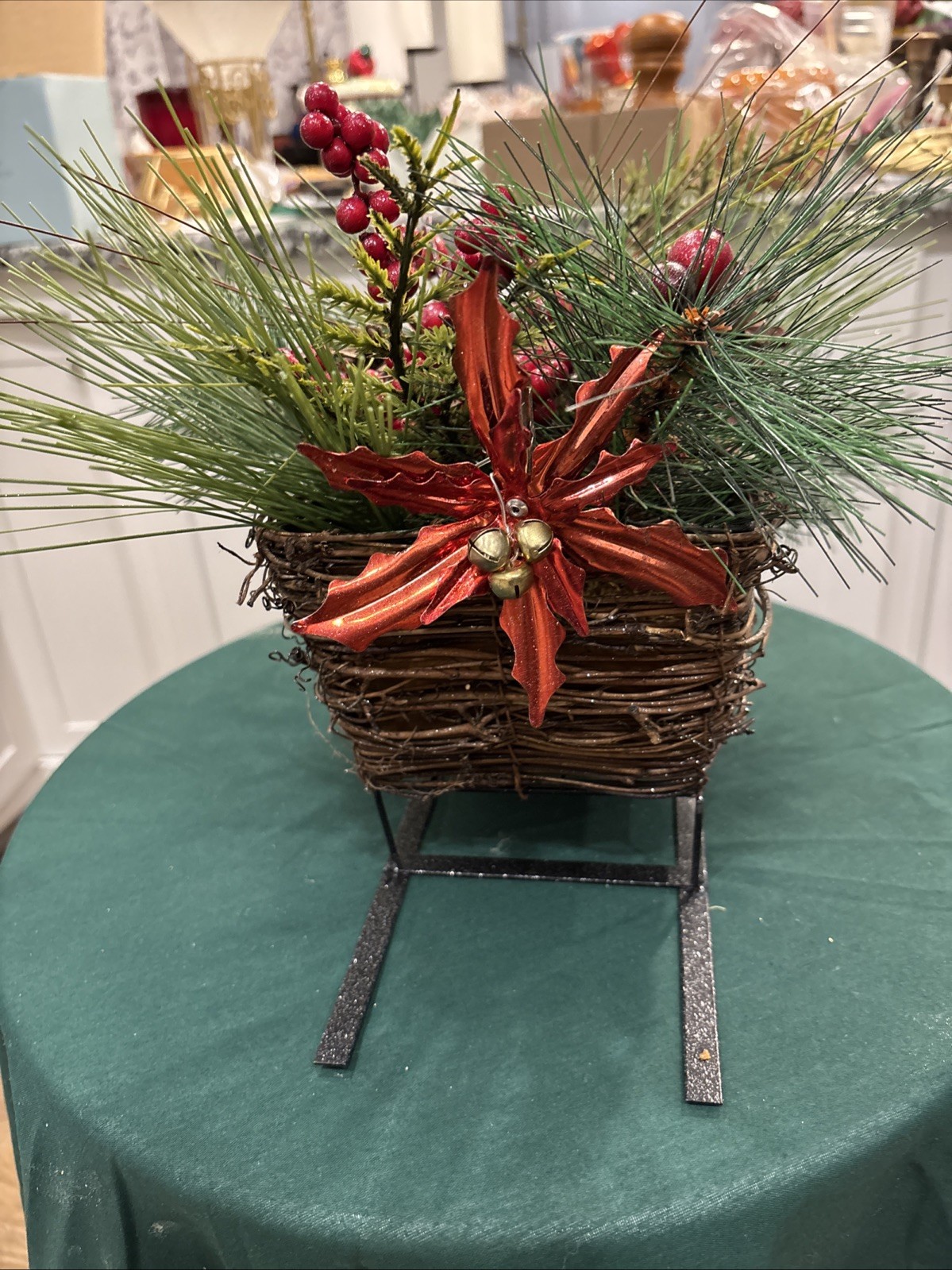 Holiday Sleigh Metal & Wood Mixed Floral Piece Pines Cones Berries Bow Preowned