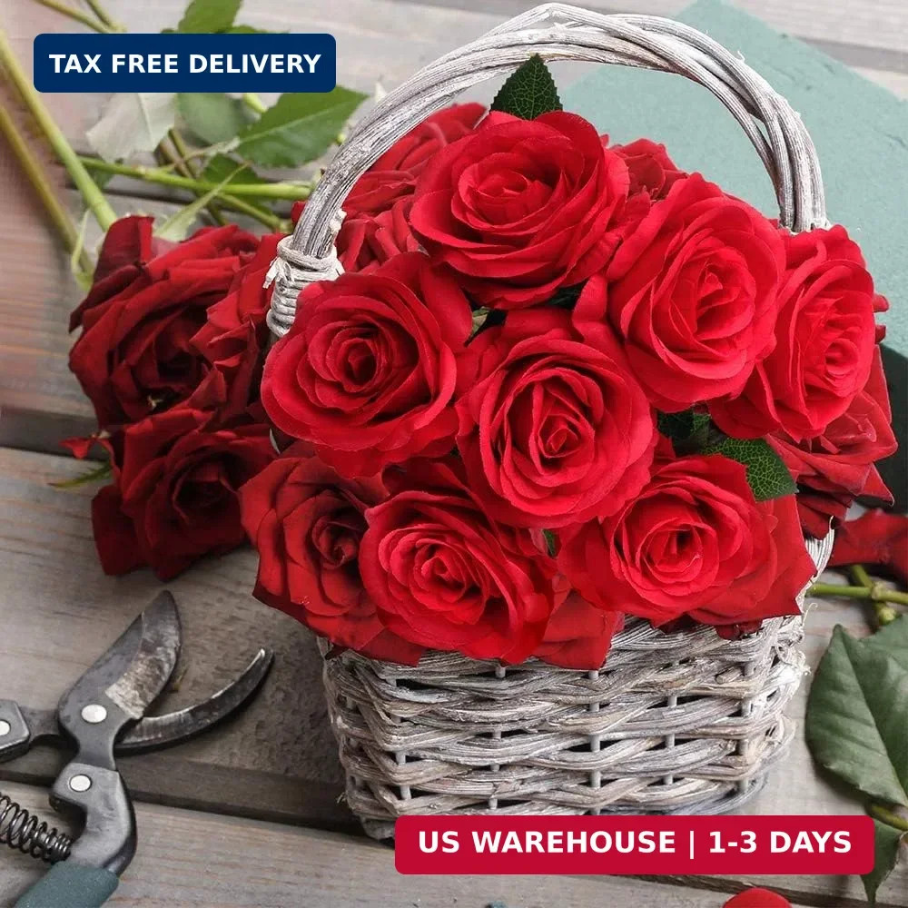 Mocoosy 12PCS Red Roses Artificial Flowers, Fake Roses with Long Stems Realistic
