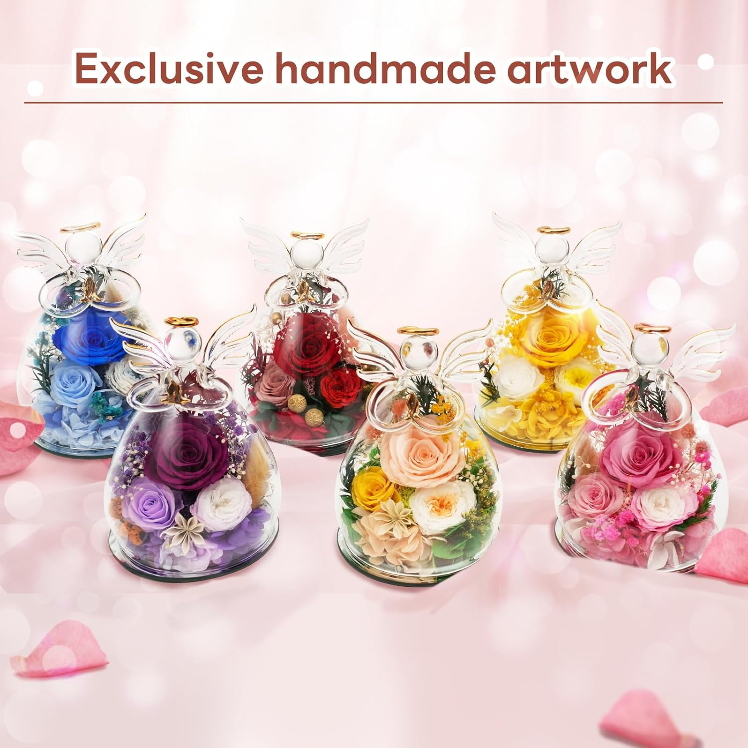 Womens Day for Mom Women, Preserved Rose in Glass Angel Figurines, Real Fresh Fl