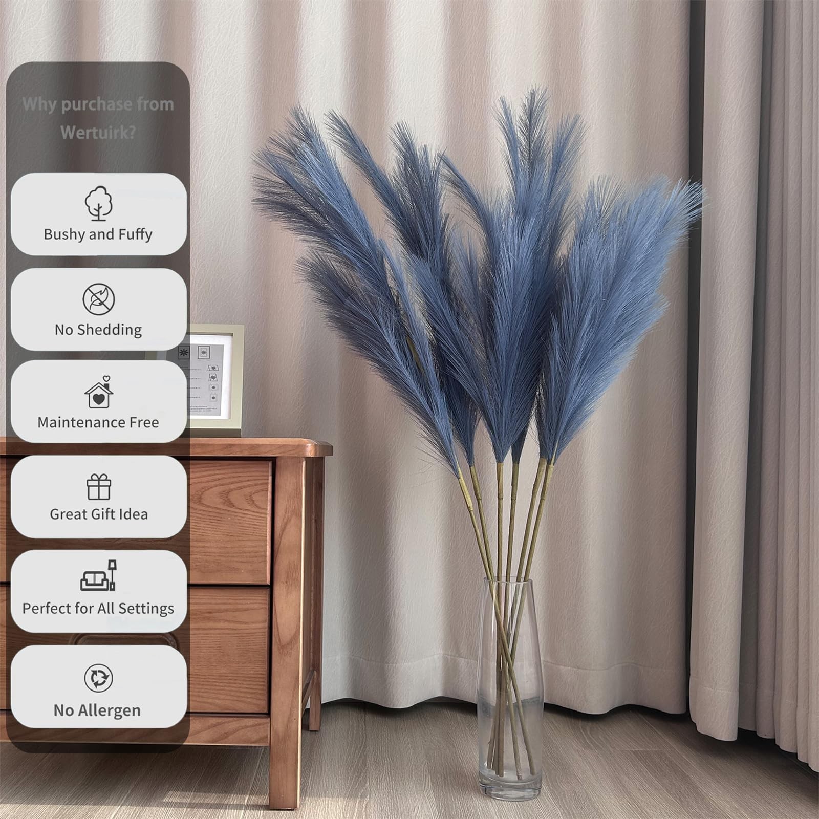 3 PCS Faux Pampas Grass Tall 51 Inch For Floor Vase Fluffy Artificial Blue