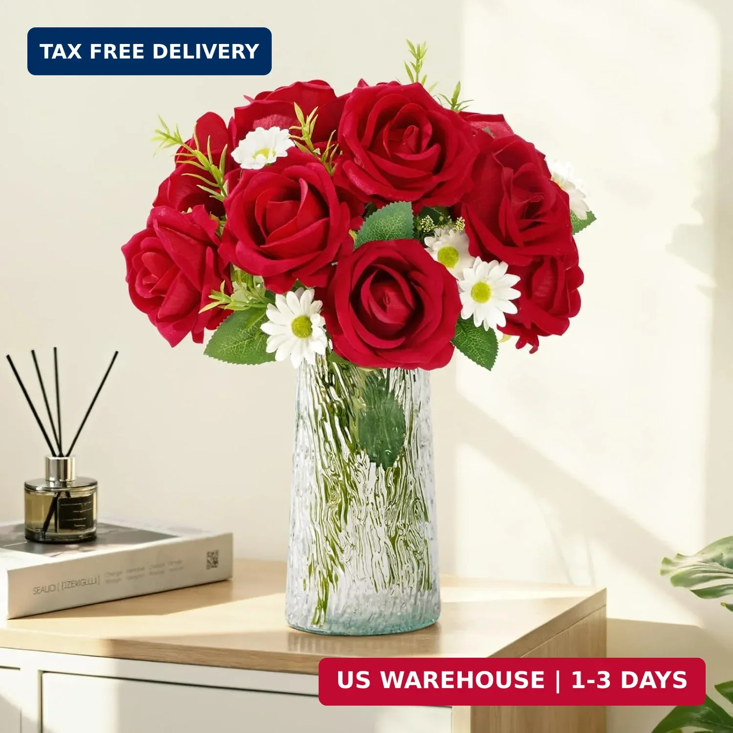 Lifewit 12 Pcs Red Artificial Roses Flowers in Bulk, Fake Long Stem Silk Roses f