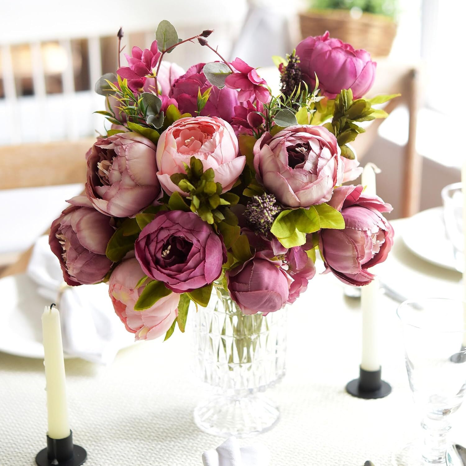 Soft Peach Pink and Magenta Red Vintage Artificial Peonies Silk Flowers and H