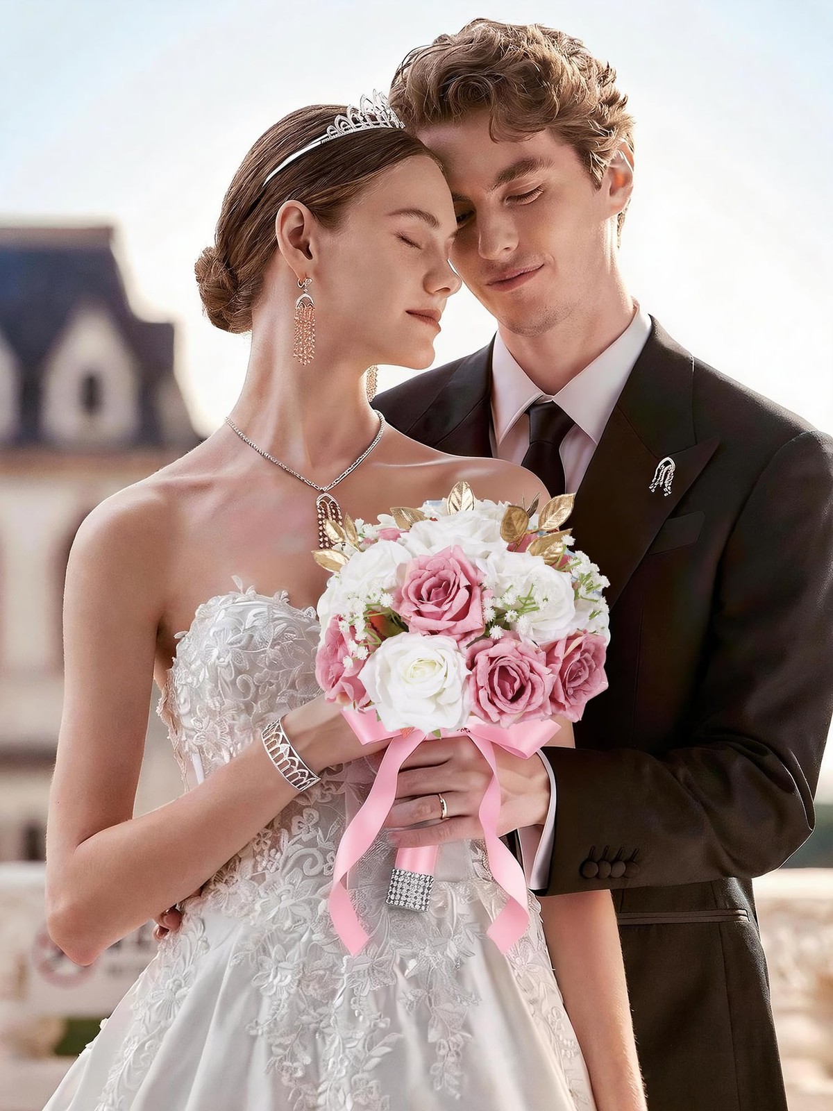 1 PCS Wedding Bouquets 9 Inch Artificial Rose Bridal Ivory White Pink Silk