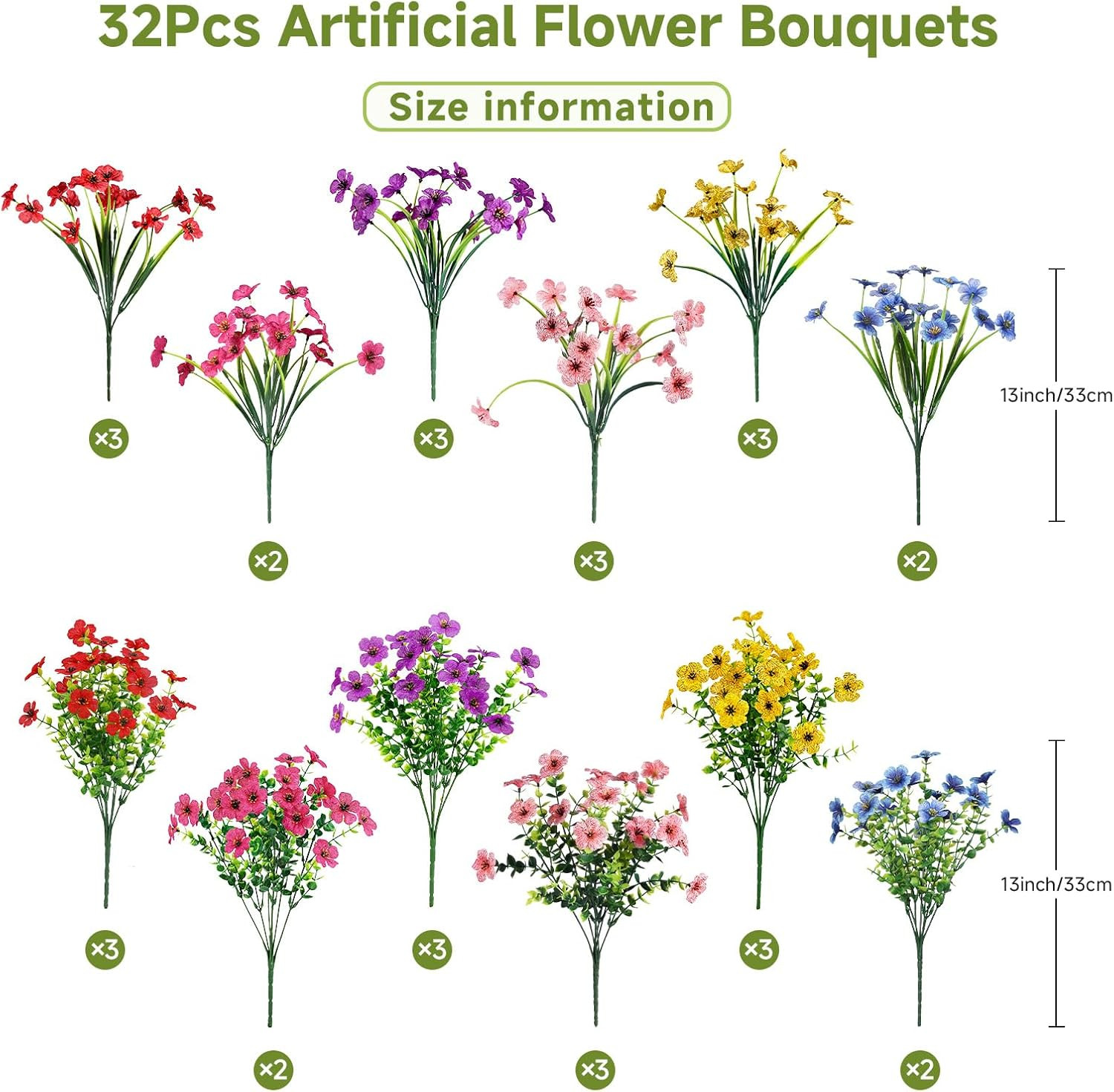 32 Bundles Artificial Flowers for Outdoors Decoration, UV Resistant Silk Faux Fl
