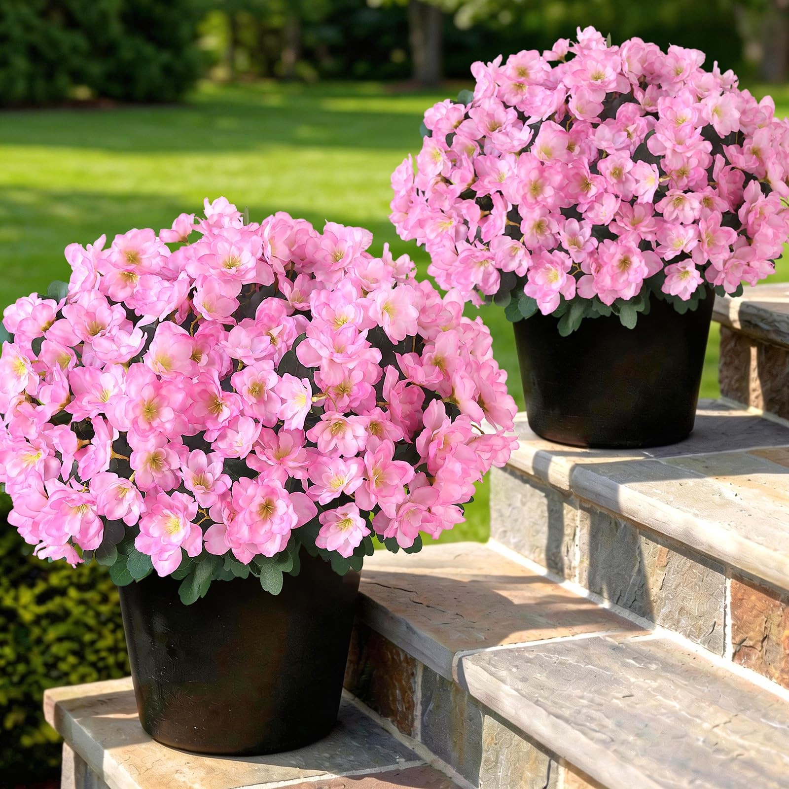 Set of 2 Artificial Azalea Flower Topiary Trees – Fake Silk Flower Potted Pla…